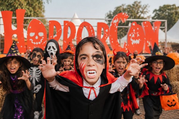 Kids in vampire, witch and skeleton costumes roaring in front of the HorrorCon sign
