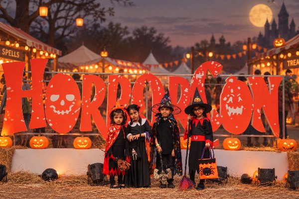 Four kids in witch and vampire costumes posing at the HorrorCon pumpkin sign
