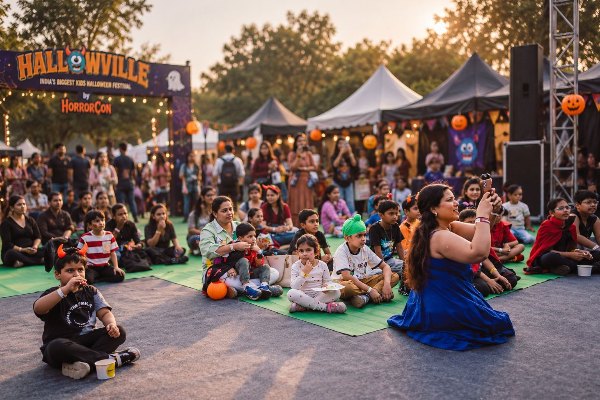Families sitting on the grass under the HallowVille arch watching a storyteller