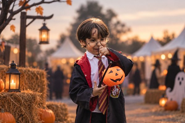 A boy dressed as a young wizard holding a pumpkin treat bucket
